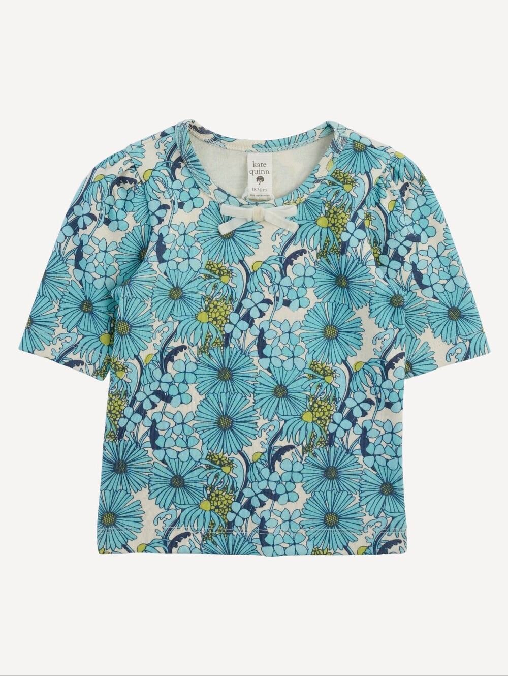 NWT 12-18M Kate Quinn Organics puff sleeve skinny bow top aqua 70s daisy cotton